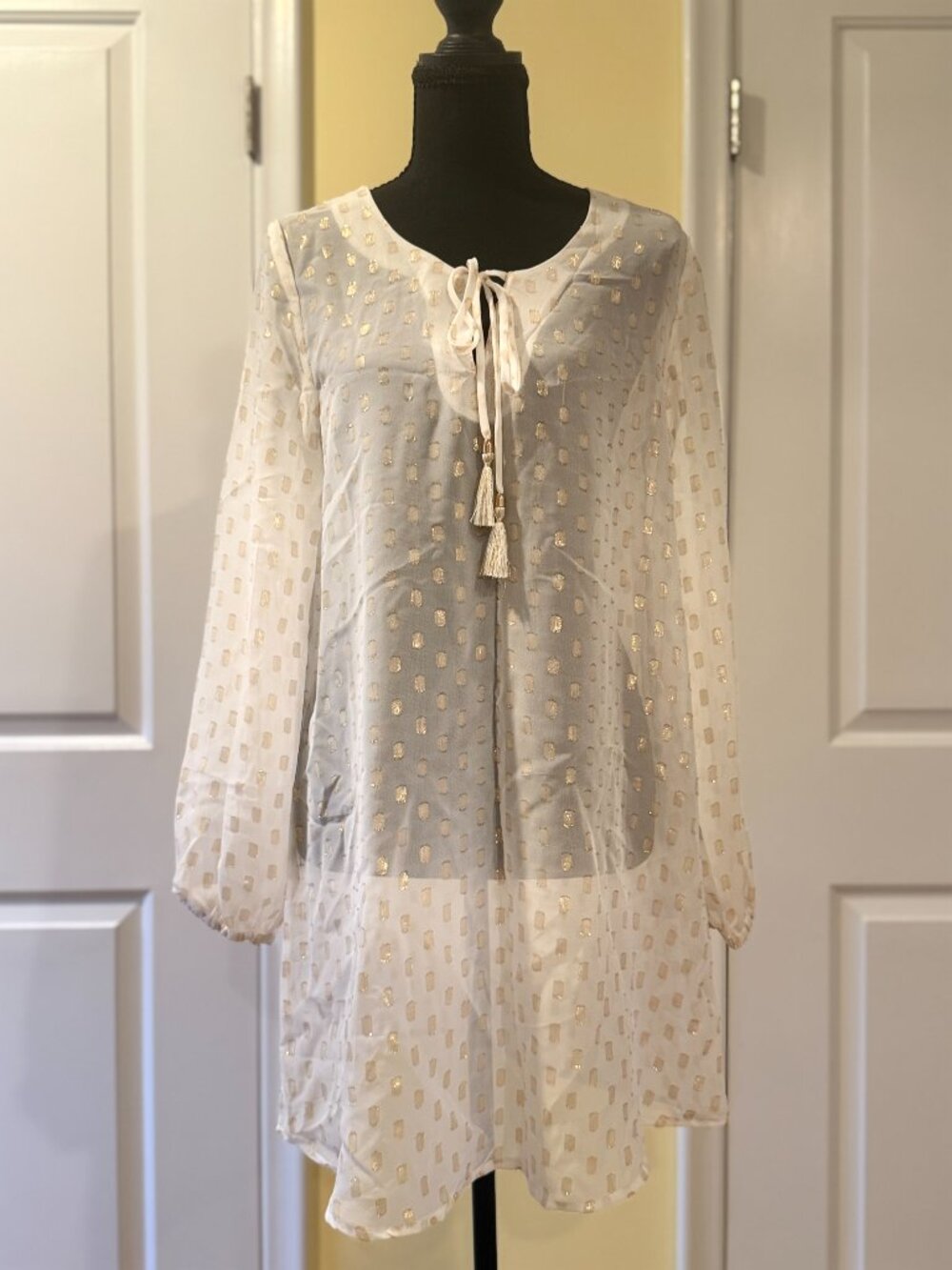 White & Gold Metallic Dot Sheer Tunic/Dress/coverup